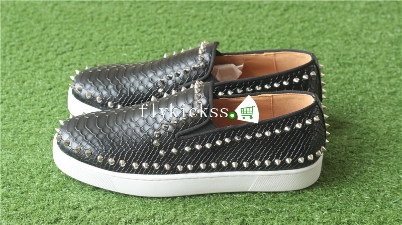 Christian Louboutin Low Spikes Python Leather Pik Boat Flat Black Casual Shoes White Rivets